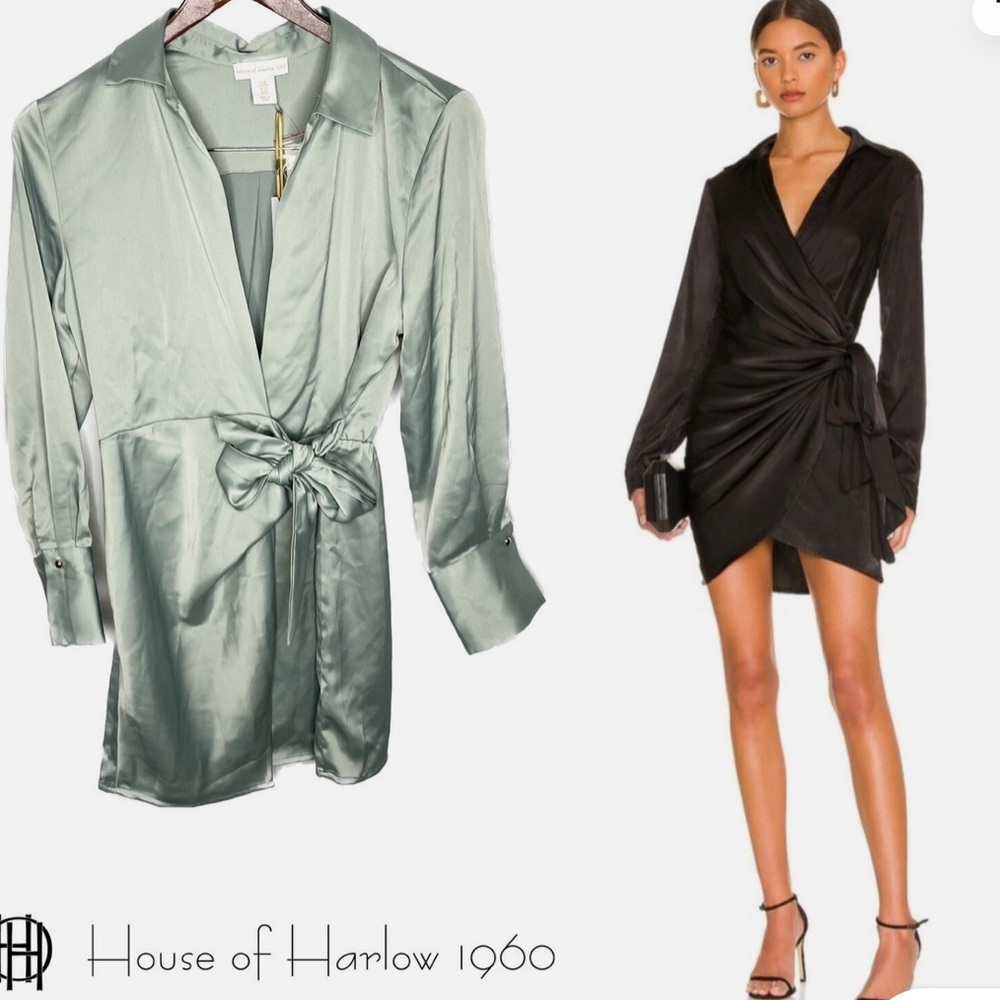 NWOT Revolve House of Harlow 1960 Green Satin Wrap Tie Draped Mini Dress